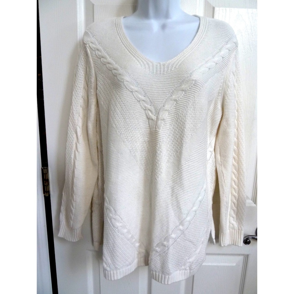 Chicos Zenergy Fisherman Sweater White Preppy Tennis Cotton Cashmere Size 2 L